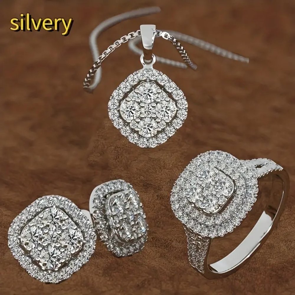 Silver-tone Necklace Pierced Earring & Ring set - Picture 1 of 2